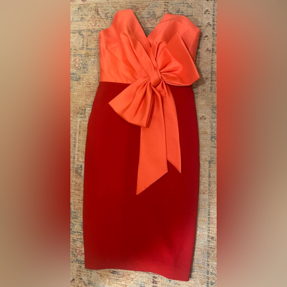 Badgley Mischka - Midi Cocktail Dress | Coral + Red Bow Dress | Size 4